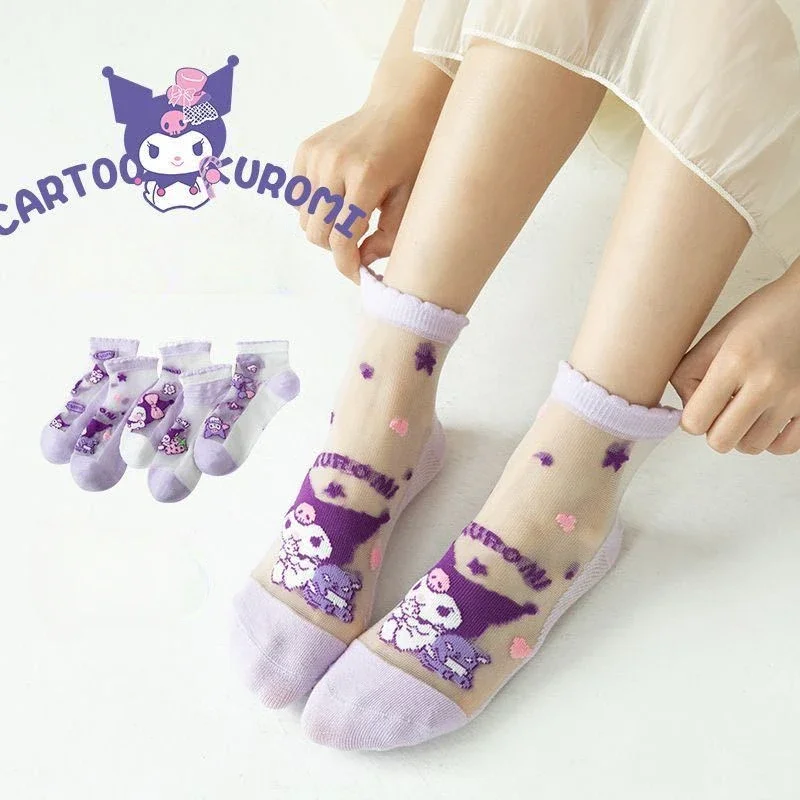 Meias de cristal kuromi infantis, meias de algodão puro, meias fluorescentes finas, verão, 5 pares, anime, anime, novo, meninas