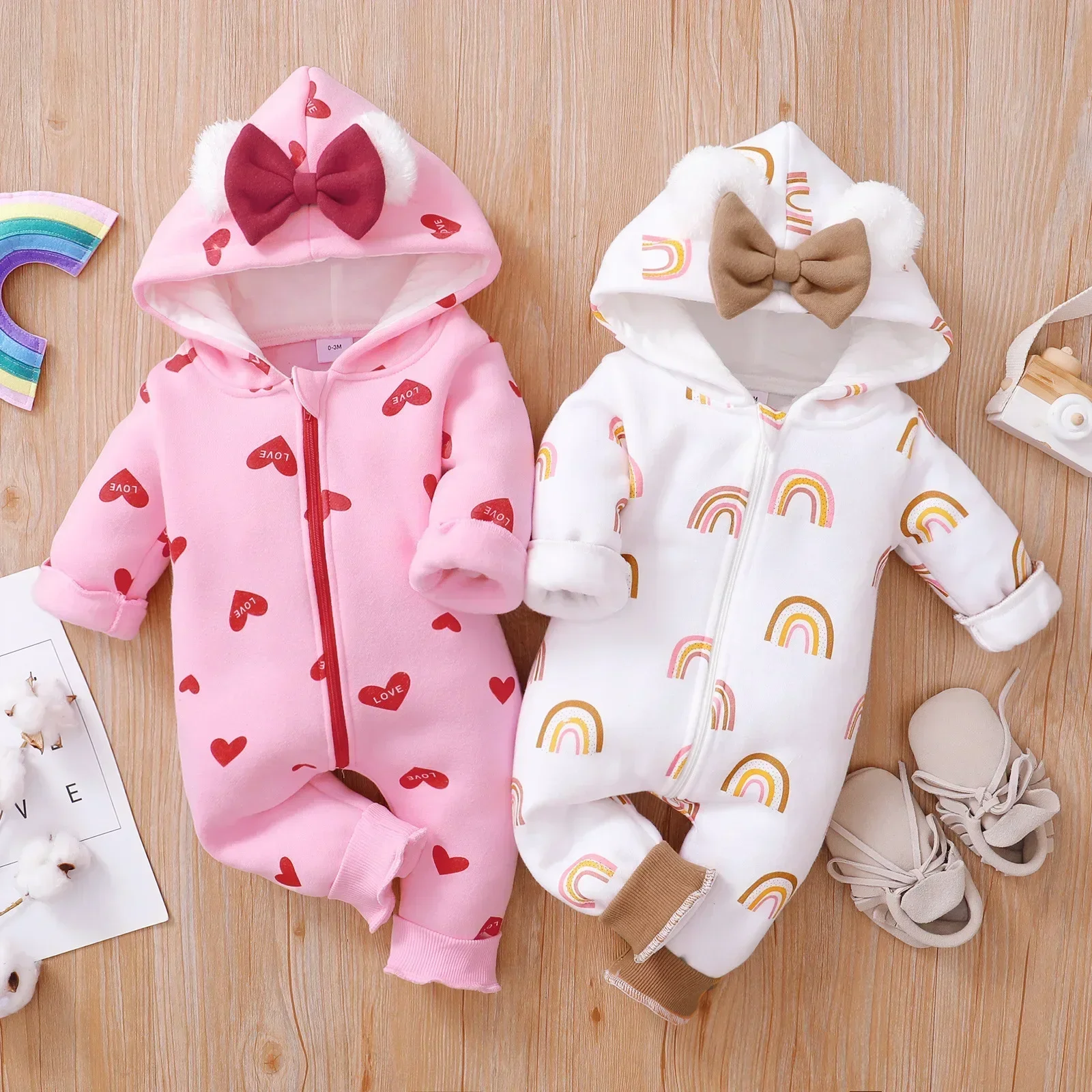 Girls Crawl Clothing Baby Hooded Jumpsuit Warm Romper Zipper Type Hoodie Love Bow Strawberry Autumn Winter 0-2 Y