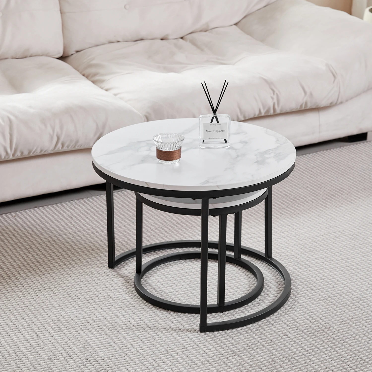 EGOONM 2 Stück moderner Couchtisch mit Marmorstruktur für Wohnzimmer, Sofa, seitlicher runder Couchtisch, 2-in-1 – Detail 5