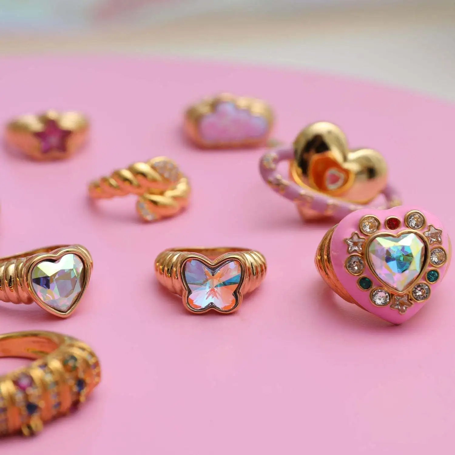 2023 New Colourful Opal Rainbow Stone Inlaid Love Butterfly Flower Rings for Women Y2K Opal Irregular Rings Jewelry Travel Gifts