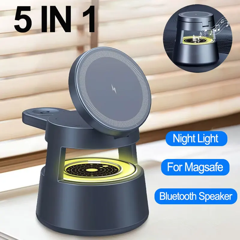 

Подставка для беспроводного зарядного устройства 5 в 1, ночник, светодиодный Bluetooth-динамик для Magsafe iPhone 16, 15, 14, 13, 12, Apple Watch 9 8 Airpods Pro