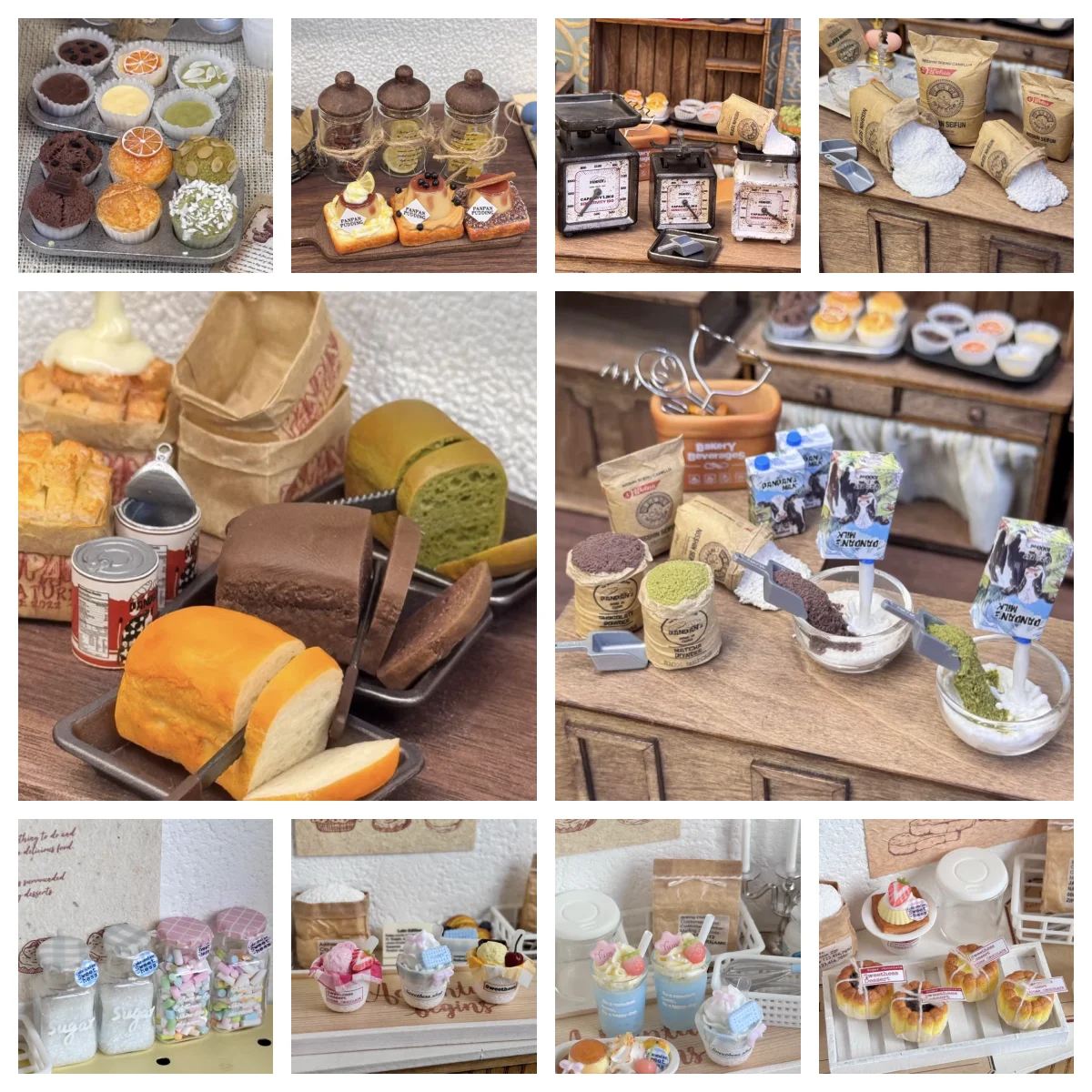 

Realistic Mini Food Toys - Handmade Pore Toast, Chocolate/Plain Toast, Pouring Matcha/Chocolate Bowls, Flour & Baking Miniatures