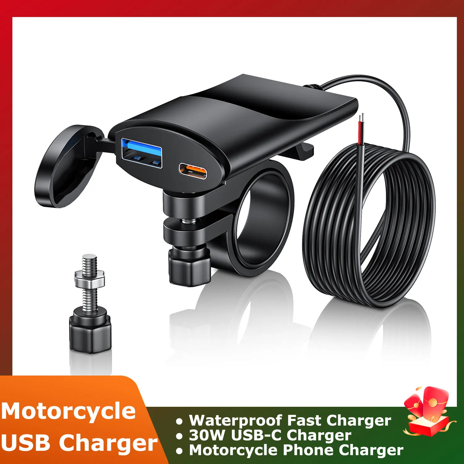 48W Dual Port Motorcycle Charger Handlebar Mounting Bracket Charger Phone Fast Charger IP67 Waterproof Adapter