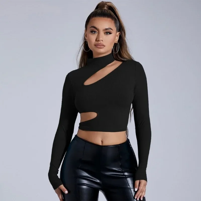 Women's Clothing 2024 Autumn/winter Half High Neck Black Long Sleeved Sexy Inner Layer T-shirt Short Tight Fitting Y2K Top YSQ20