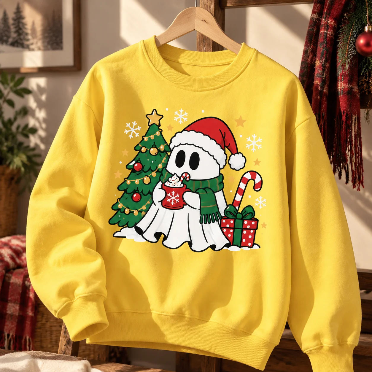 Ghost Christmas Sweatshirt, Halloween to Christmas Transition Pullover, Funny Santa Hat Graphic Top, Casual Winter Clothing