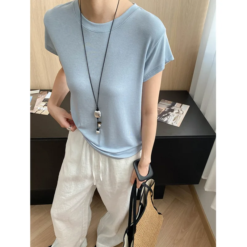 

Летняя футболка из лиоцелловой шерсти, женские мягкие дышащие футболки с круглым вырезом и короткими рукавами, однотонные базовые топы