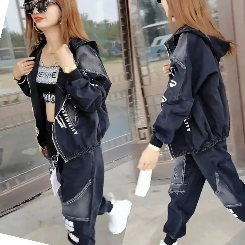 Korean Version Women Oversized Loose Hooded Printing Denim Jacket and Cowboy Trousers Street Trendy Two Piece Set