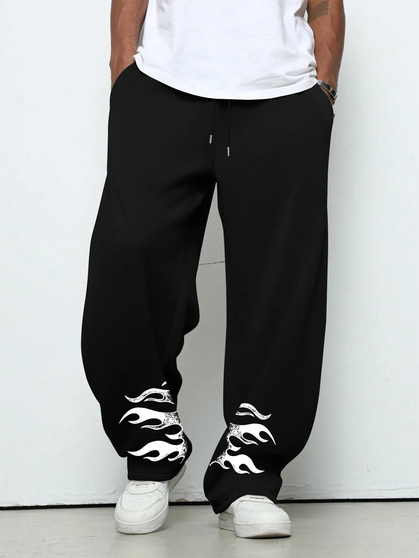 Men's Flame Print Straight‑Leg Pants, Skateboard Streetwear Casual Sports Straight Sweatpants Drawstring Trousers S‑3XL