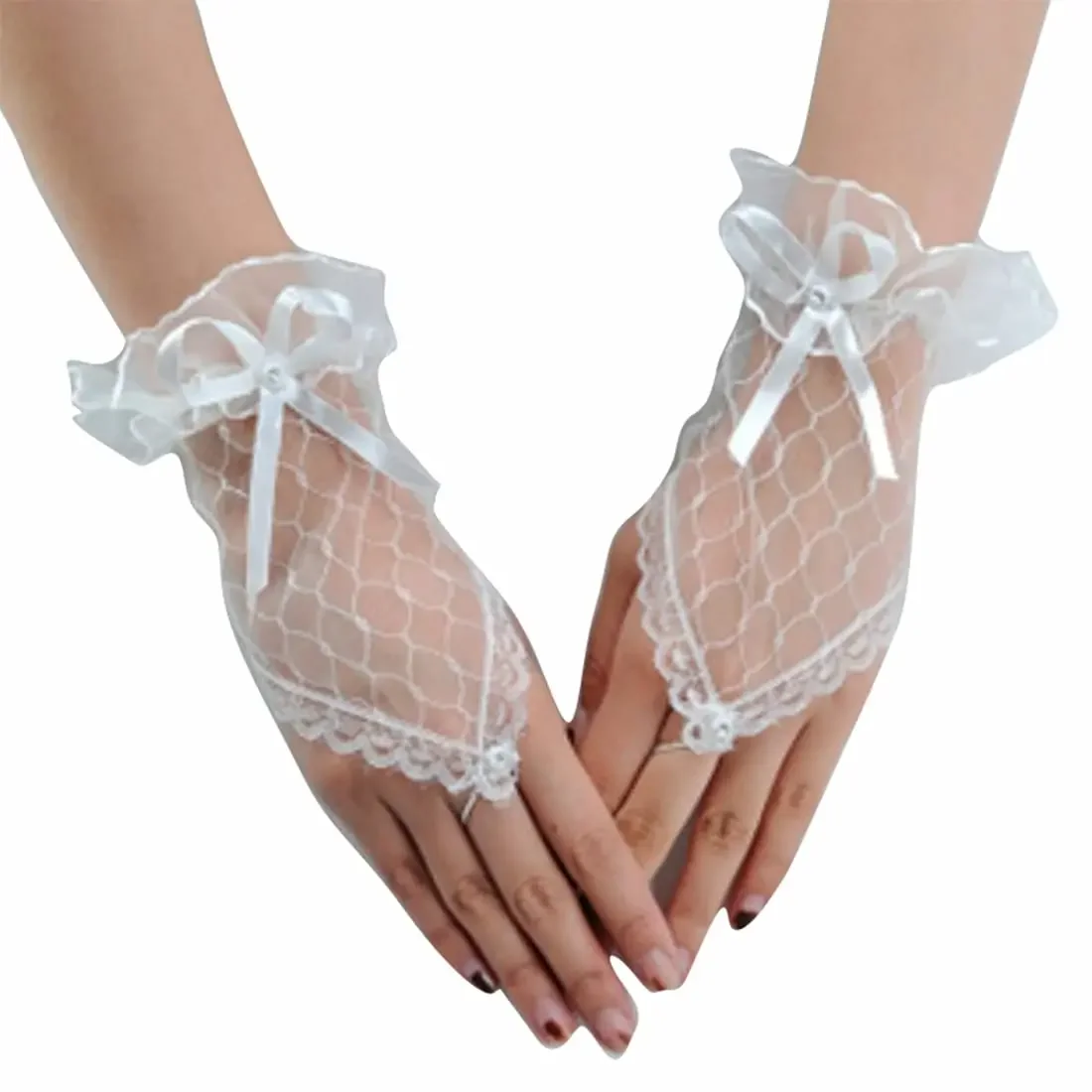 

Womens' Wedding Gloves Fingerless Rhinestone Lace Gloves for Brides and Bridesmaids Lace Bow Gloves White