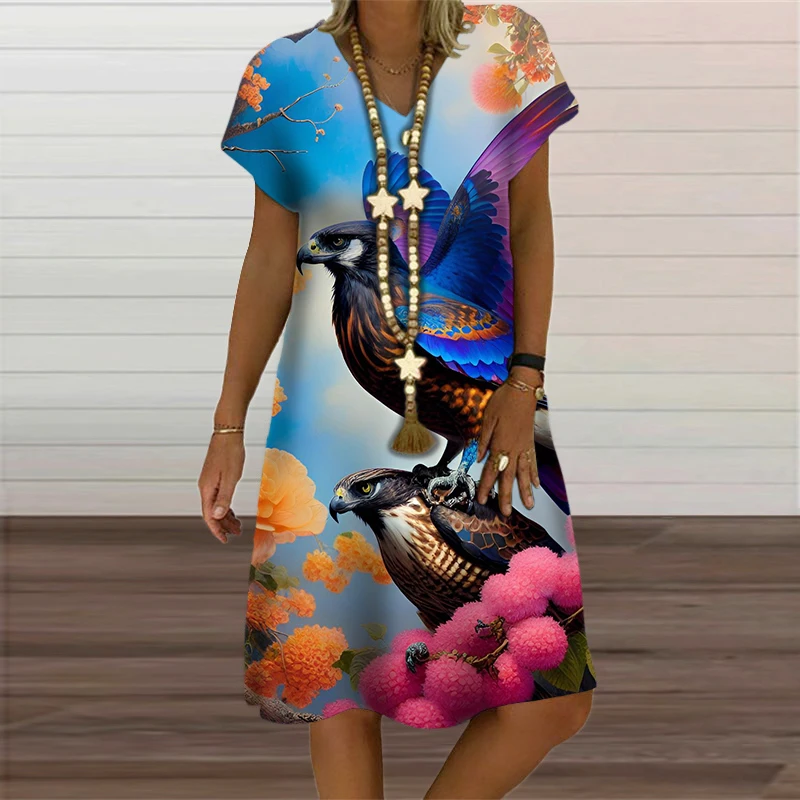 New Summer Parrot Pattern Dress For Women Clothes Fashion Short Sleeve 3D Floral Print Loose Dress Casual V-Neck Oversized Dress