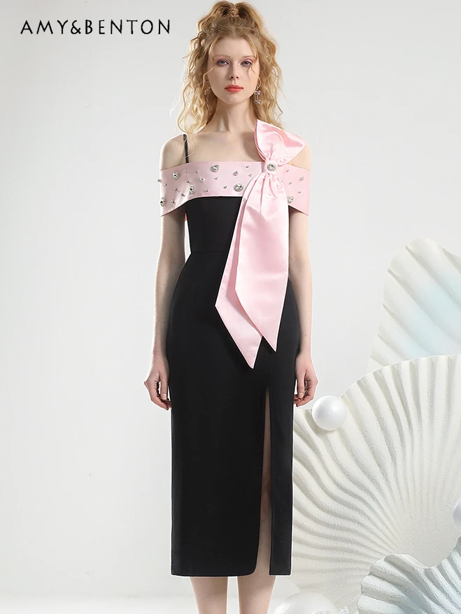 

Elegant Ladies A-line Dress Black Pink Patchwork Heavy Work Rhinestone Split Off Shoulder Long Dress High-Grade Slim Dresses