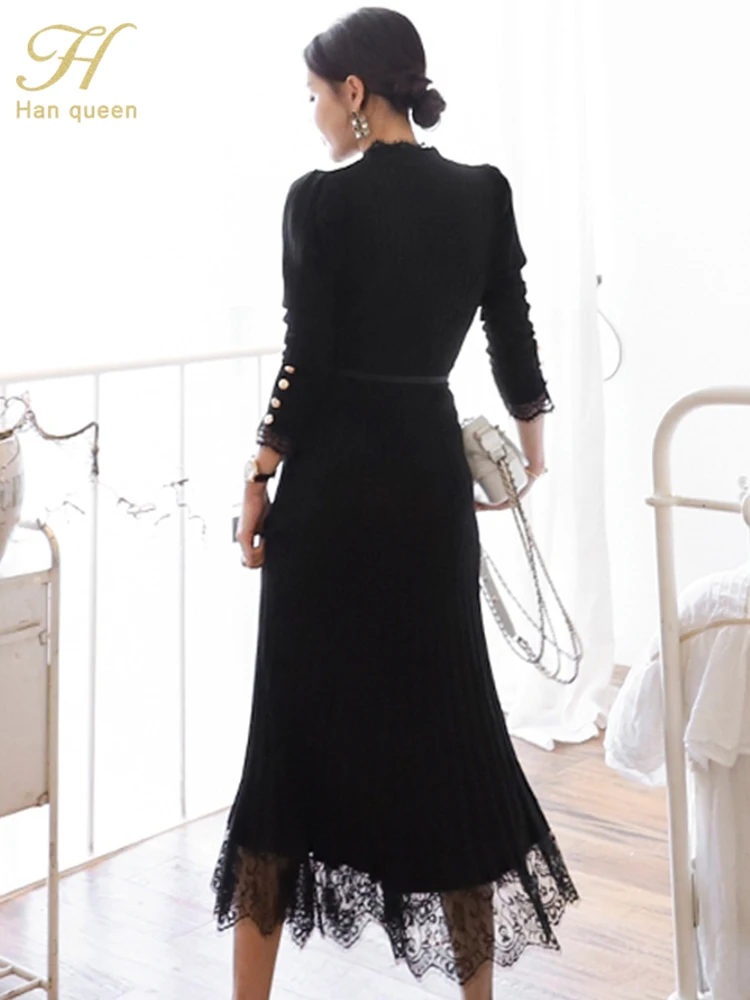 H Han Queen Women Winter OL Work 2 Pieces Suit Knitted top & Stitching Lace Long Skirt Simple Slim Casual Occupation Sweater Set