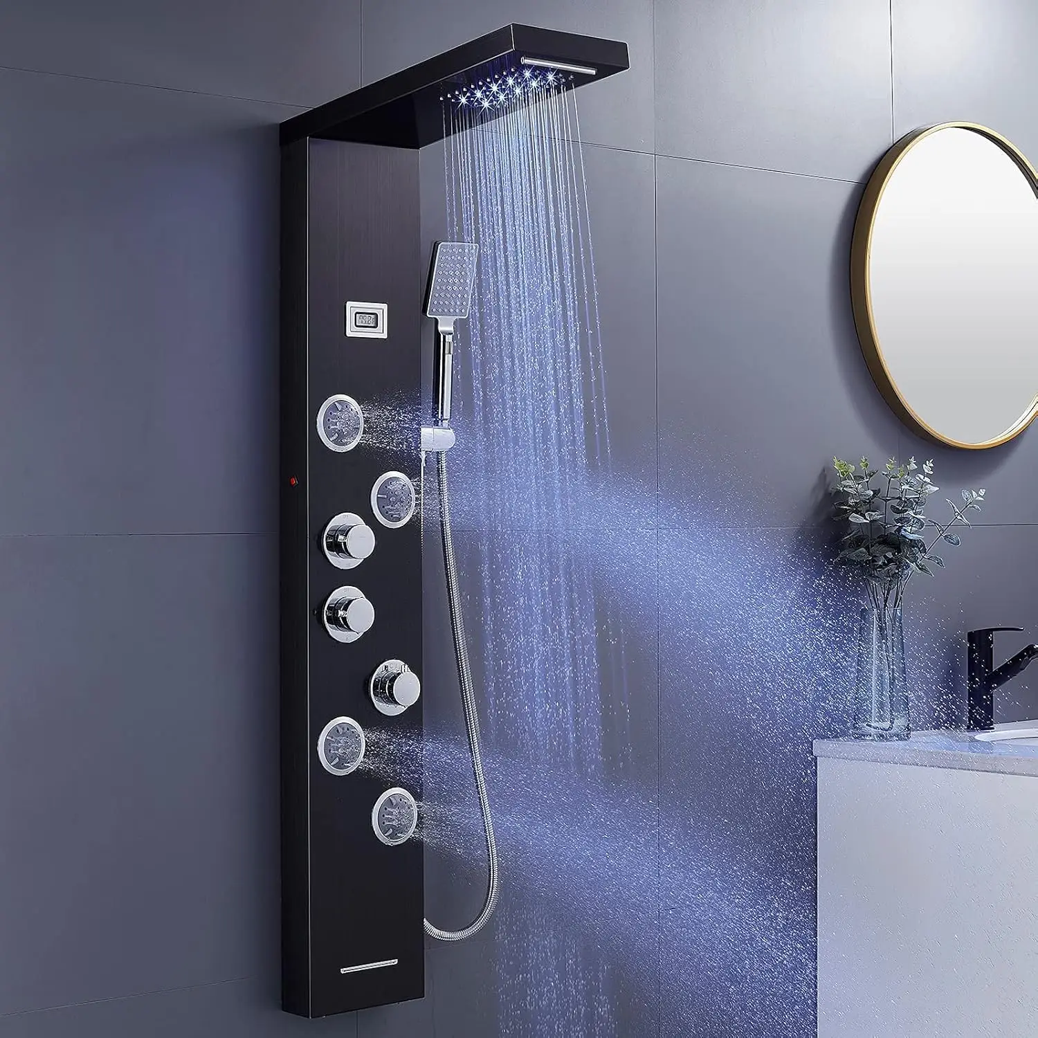 LED Shower Panels Tower System 304 Stainless Steel Bathroom Shower Panel System with 4 Body Jets Rainfall Waterfall Black