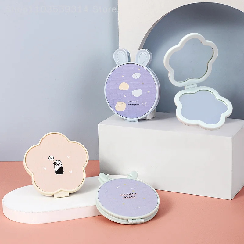 Double-Side Foldable Makeup Mirror Mini Cartoon Flowers Rabbit Ears Cosmetic Mirror Girls Portable Pocket Vanity Mirror