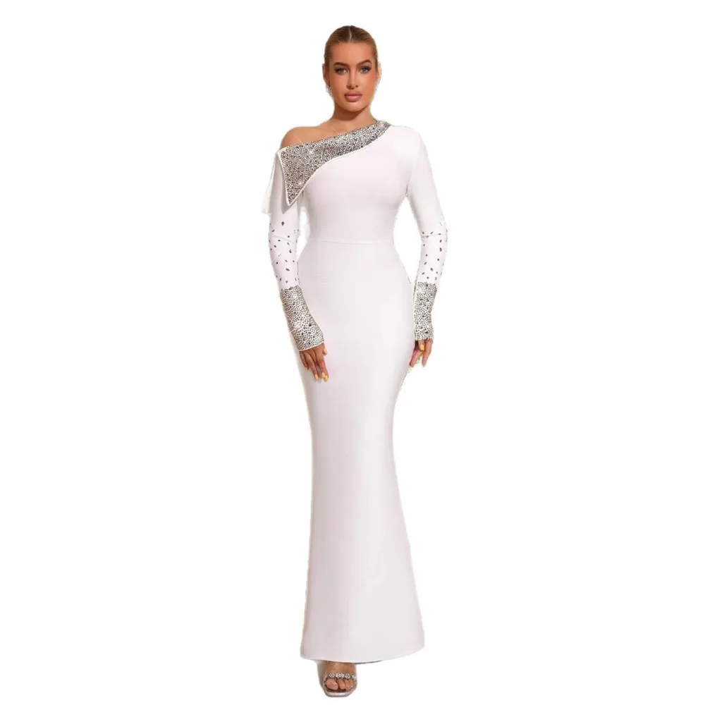 

Elegant White Rhinestone Mermaid Gown Sexy Asymmetric Neck Long Sleeve Maxi Dress for Formal Evening Party Wedding Guest