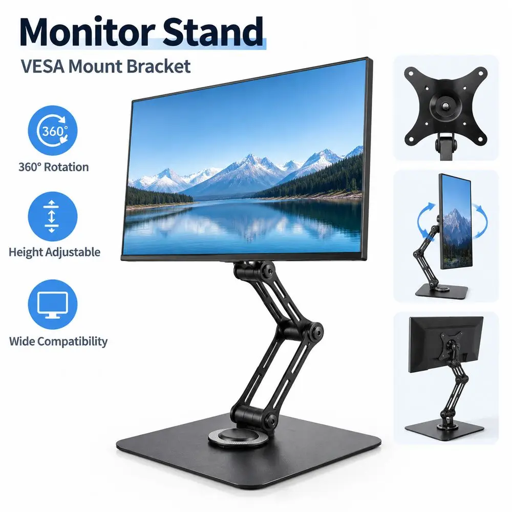 360 Degree Rotation Monitor Stand Free Suspension Height Adjustable VESA Mount Bracket Round Base Square Base Monitor Arm Mount
