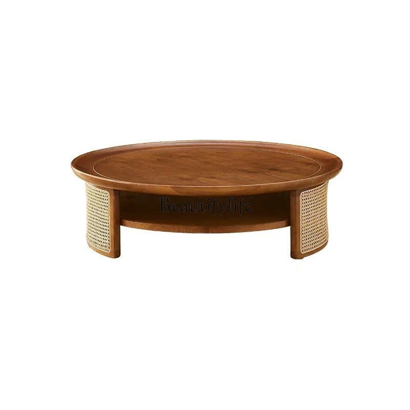 

Japanese-style round rattan coffee table Modern simple medium and ancient style solid wood corner table