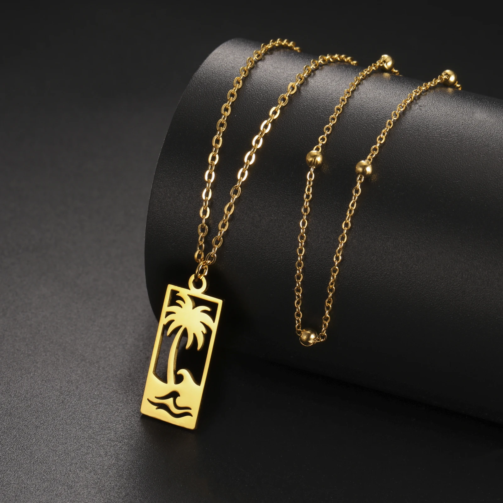 Beach Wave Palm Tree Pendant Necklace Stainless Steel Necklace Women's and Men's Double Layer Chain Couple Birthday Party Gift