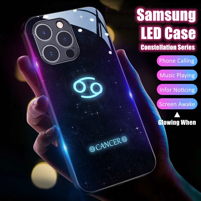 

Constellation LED Light Glowing Luminous Tempered Glass Back Phone Case for Samsung S24 S22 S23 Note 10 20 A14 A54 Plus Ultra