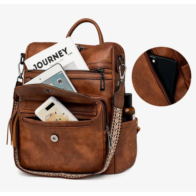 Women's Retro PU Leather Backpack, Waterproof Anti-Theft Large Capacity College Travel Shoulder Bag with Tassel Decor
