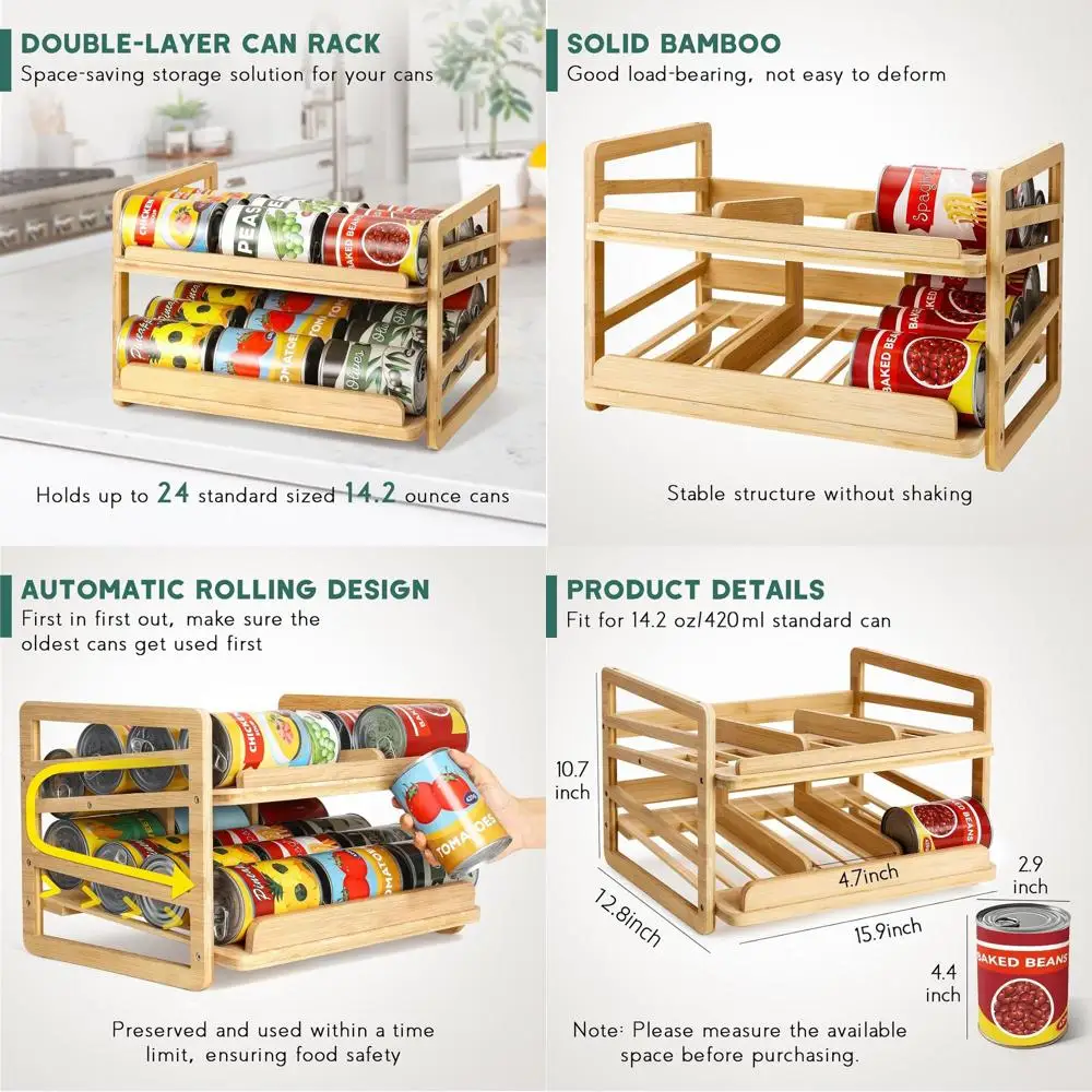 

Rolling Bamboo Can Organizer Rack, Stackable Double-Layer Can Organizers and Storage or Pantry, Canned Goods Holder Dispenser or