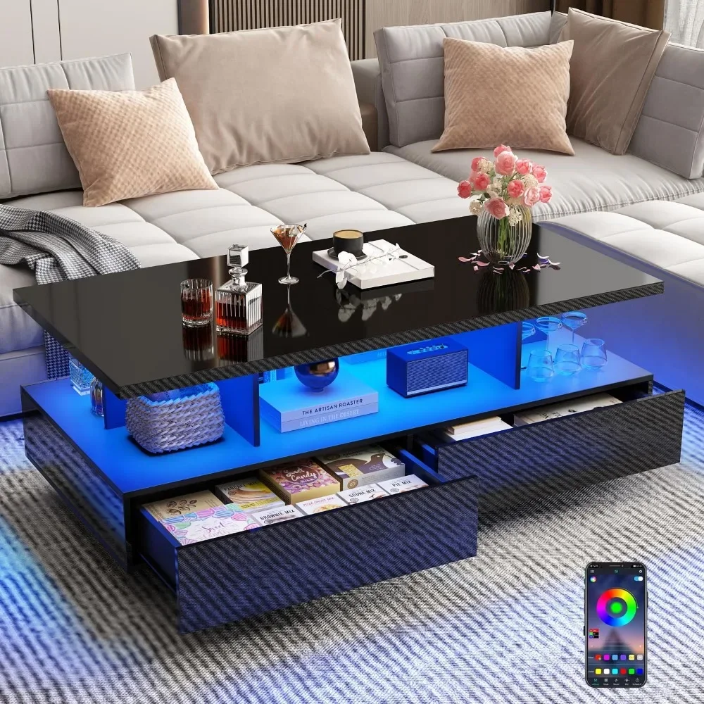 LED Coffee Table W/ 2 Storage Drawers, High Glossy Coffee Tables W/60,000-Color Lights, Rectangle 2-Tier Center Table W/Shelf