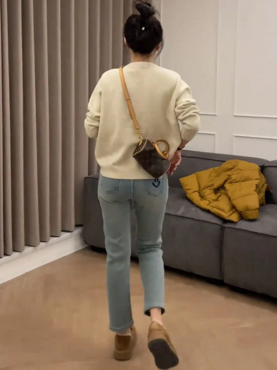 하이웨이스트 스트레이트 레그 데님 진 여성용 봄 가을 신상 플러스 사이즈 신축성 슬림핏 9부 바지