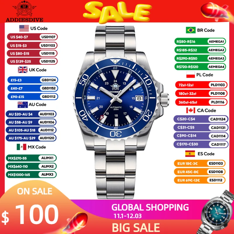 ADDIESDIVE Luxury Men's Watch Automatic 200m Waterproof Sapphire Glass BWG9 Super Luminous Diving 8215 Mechanical Watches AD2504