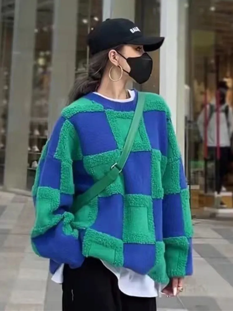 

2022 Women Causal Loose Check Sweater Knitting Pullover