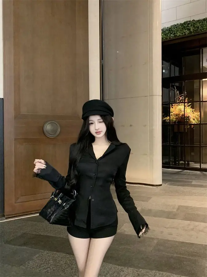 Backless Lace Youthful Fashion Black Long Sleeve Shirt Women V Neck Patchwork Elegant Basic Blouse Lady Office Casual White Top