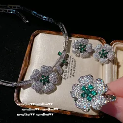 Temperament Sparkling Green Flower Petal Wedding Brdidal Jewelry Sets for Women 925 Silver Color Elegant Luxury Accessories Gift