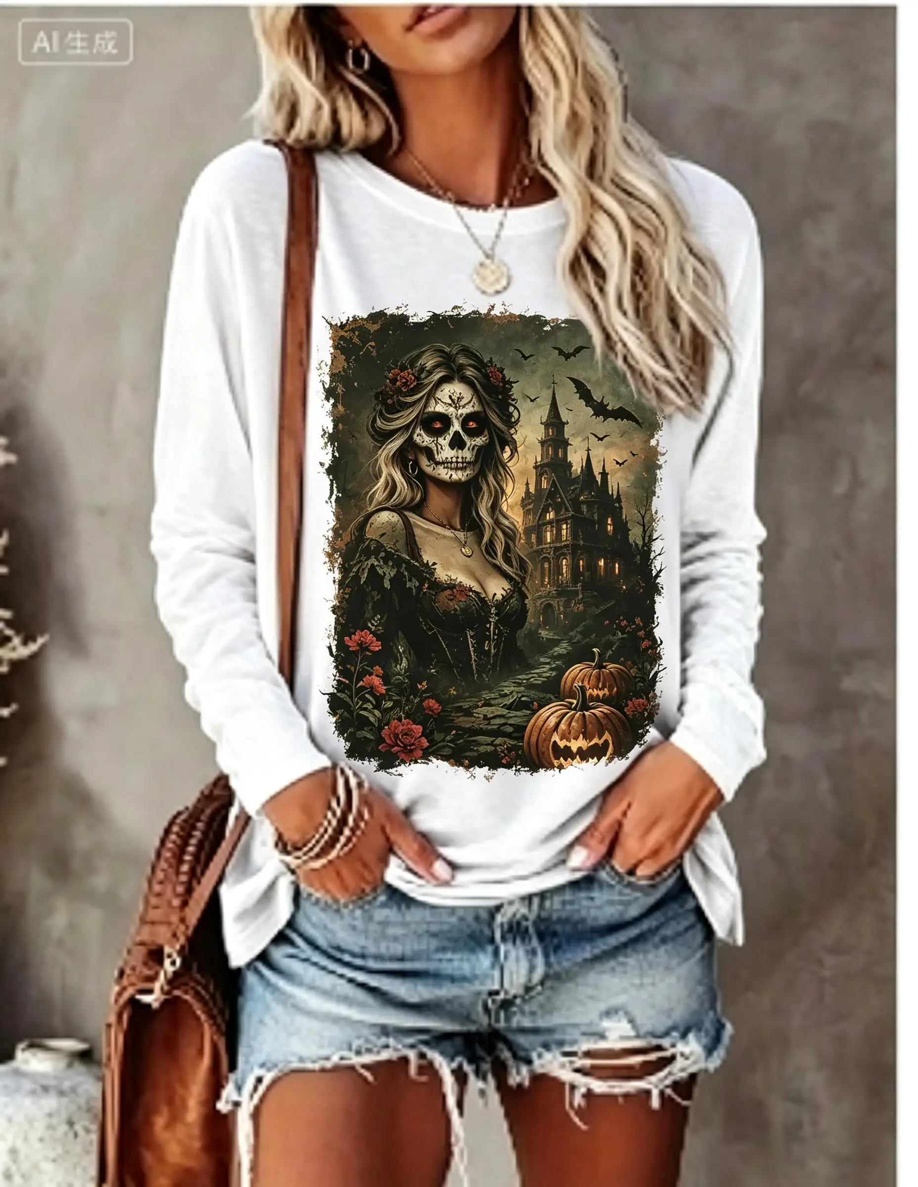 Women's Halloween Top Orange Yellow Sugar Skull Catrina Pumpkin Long Sleeve