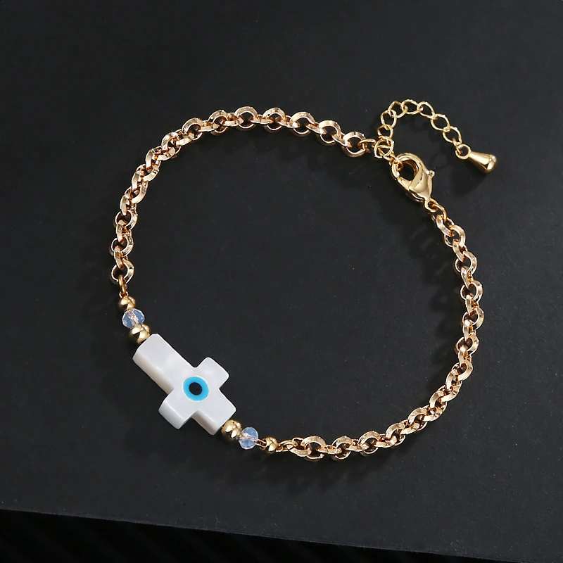 Fashion Jewelry Women's Gift High Quality 18k Gold Plated Sea Mother Shell Double Sided Shell Cross Blue Devil's Eye Bracelet