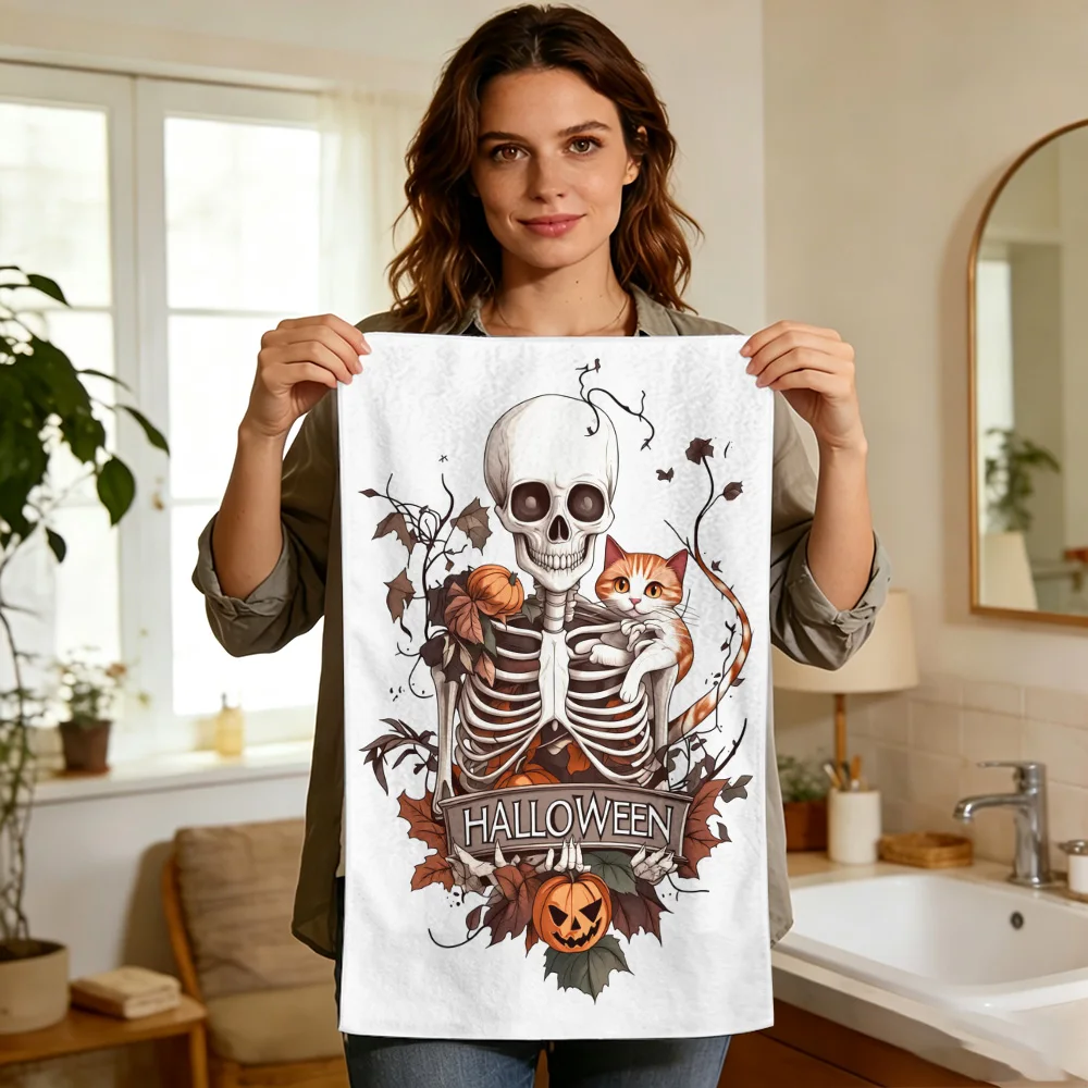 1pc/2pcs Halloween Skull and Cat Print Kitchen Towel-Super Absorbent, Reusable Polyester Dishcloths Perfect for Home Decor, Cook