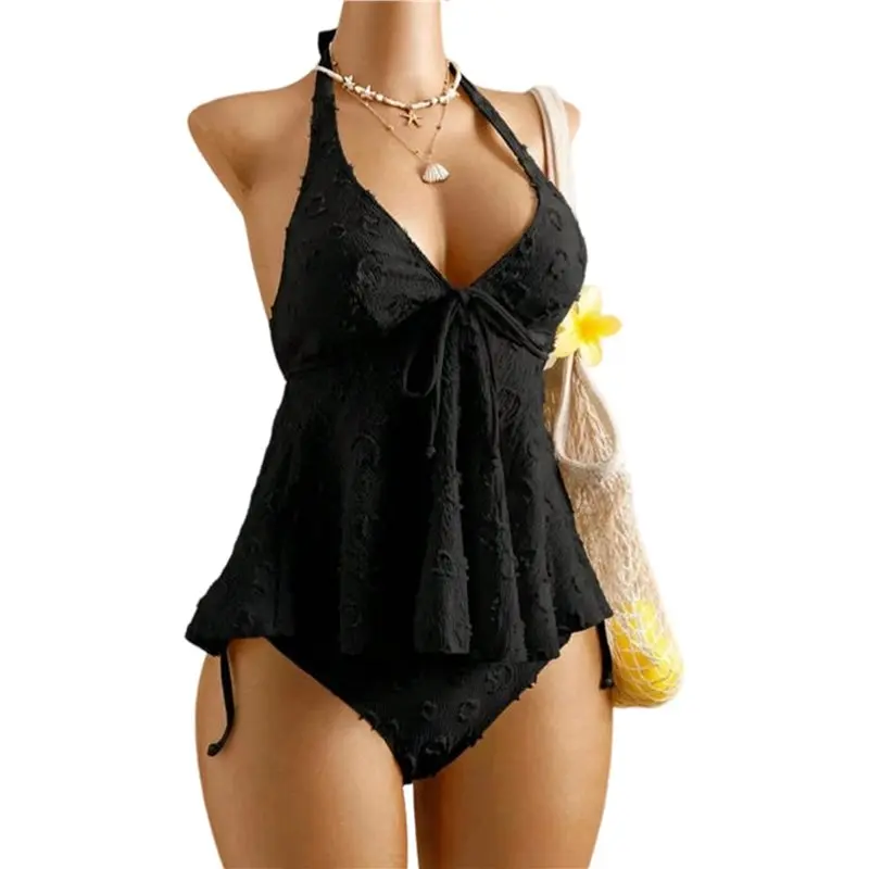 ABME Women's Tankini Swimsuits Textured Flowy Halter Bikini Set Tummy Control Modest Bathing Suits