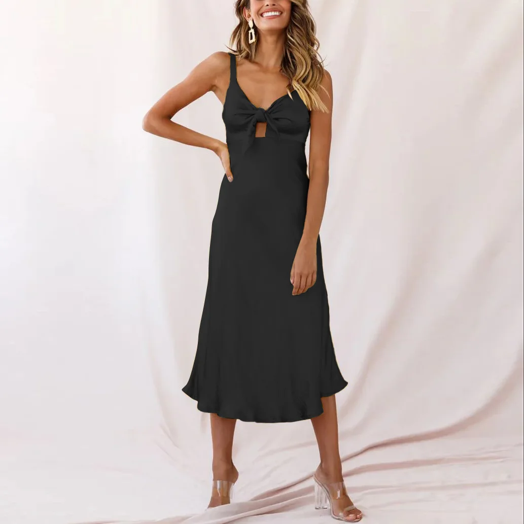 Vestido de renda fino cetim feminino, vestido elástico alto na cabeçada, moda cetim, verão