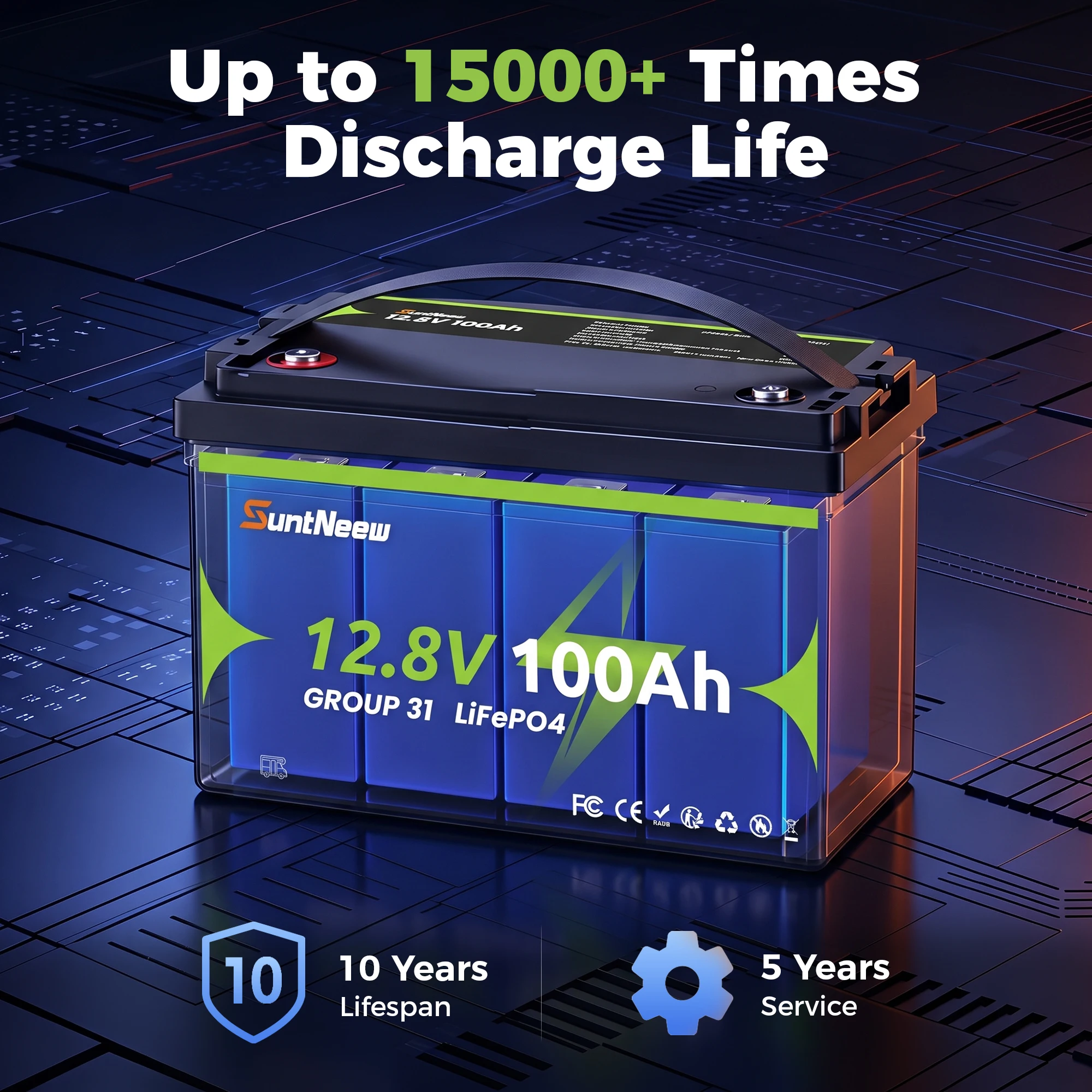 SuntNeew 1280Wh 12V 100Ah LiFePO4 Lithium Battery with 200A Built-in BMS, Deep Cycle Battery for RV, Trolling Motor, Off-Grid and Camping, Backed by 5-Year Warranty