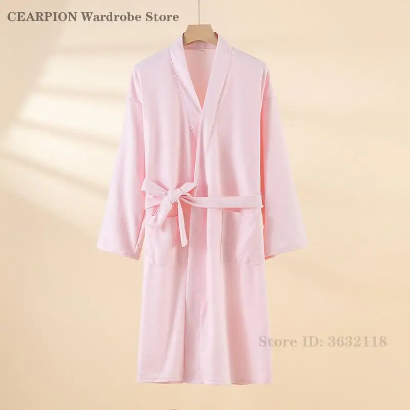Spring Autumn New Robe Solid Color Couple Bathrobe Kimono Gown Waffle Casual Sleepwear Loose Nightgown Home Clothes Loungewear 4