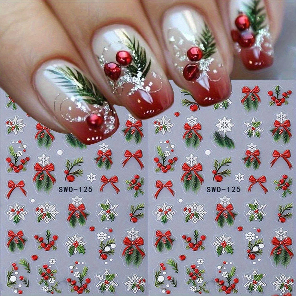 1/3pcs Red Christmas 5D Embossed Nail Stickers - Self-Adhesive 3D Sliders with Holly, Snowflakes, Bows & Berries,Nail Decoration