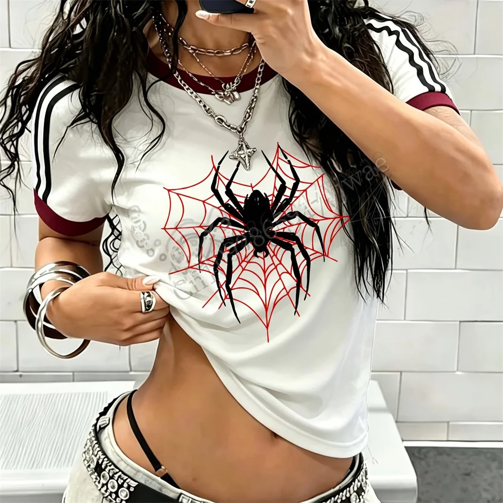 Cartoon Fun Retro Personality Niche Y2k Dark Gothic Style Simple Spider Web Spider Pattern Printed T-Shirt Summer Women T-Shirt