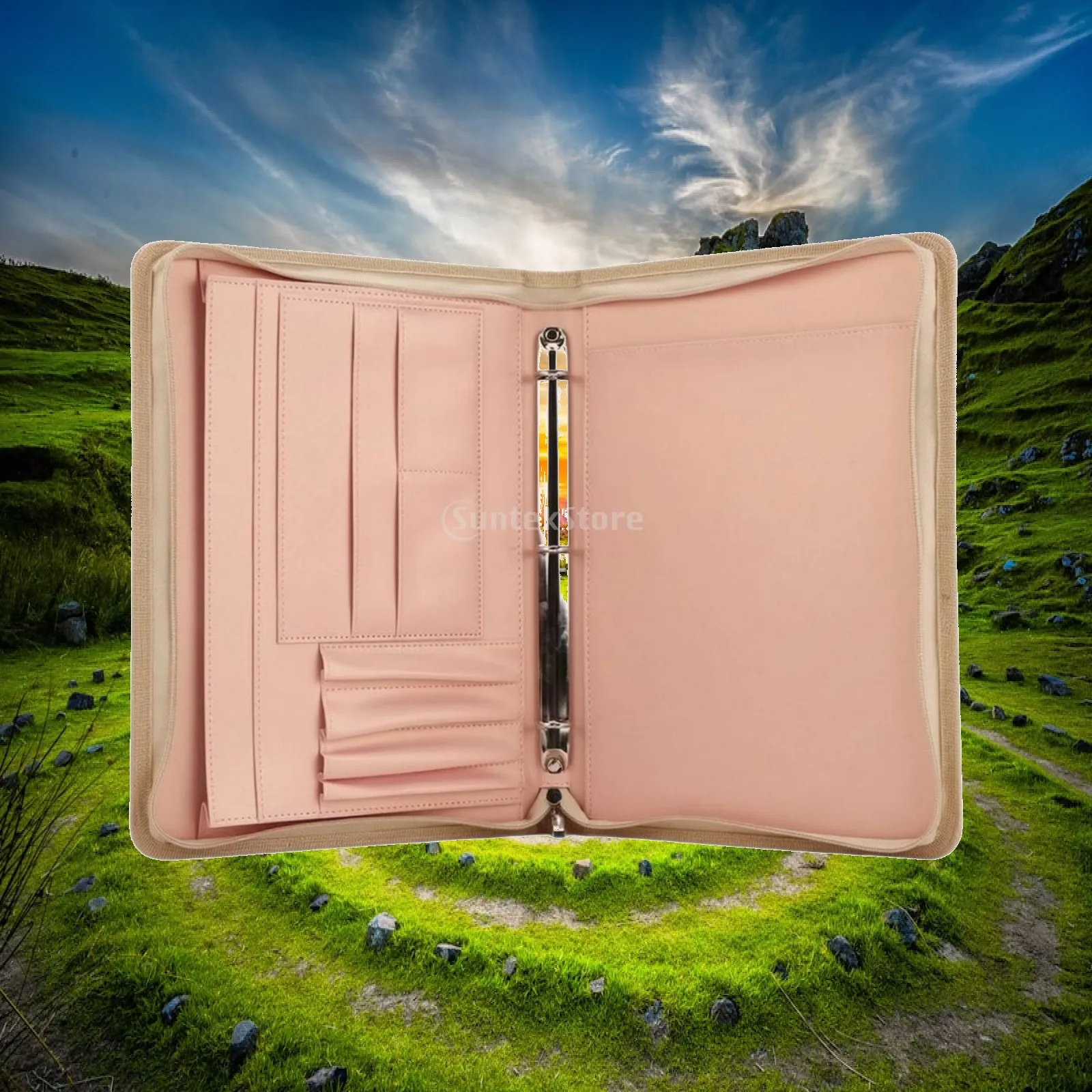 A4 PU Leather Binder Organizer with Metal Ring Mechanism and Interior Pockets for Meetings