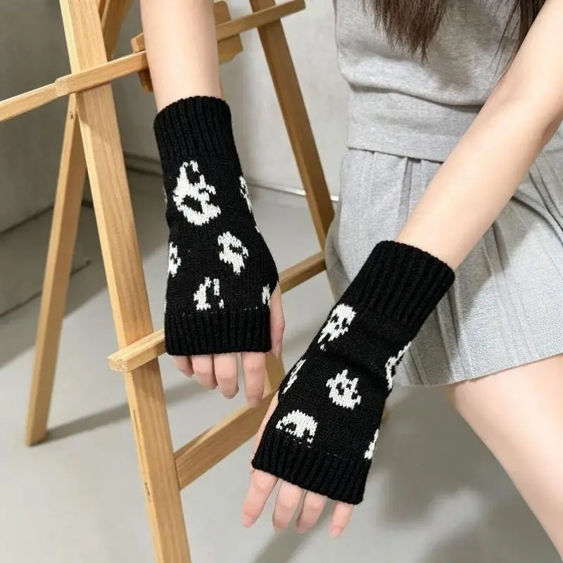 Neue Halloween-Totenkopf-Strickhandschuhe für Halbfinger-Fingerlose Handschuhe, Warme Winter-Wollhandschuhe für Draußen – Detail 11