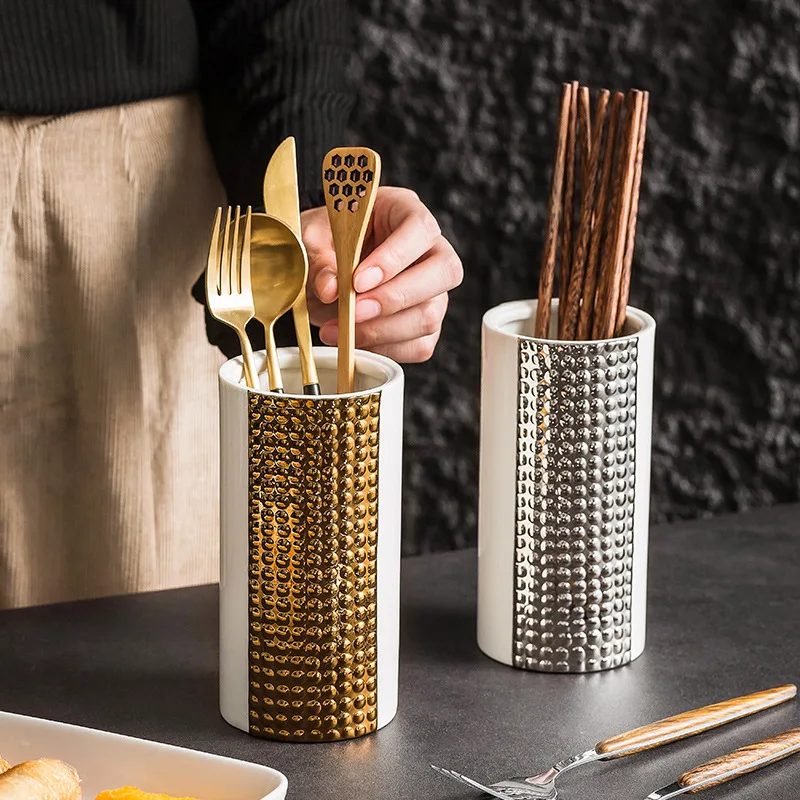 Simple Ceramic Chopstick Cage Gold Plated Silver Spoon Knife and Fork Drain Storage Container Kitchen Utensil Storage Container