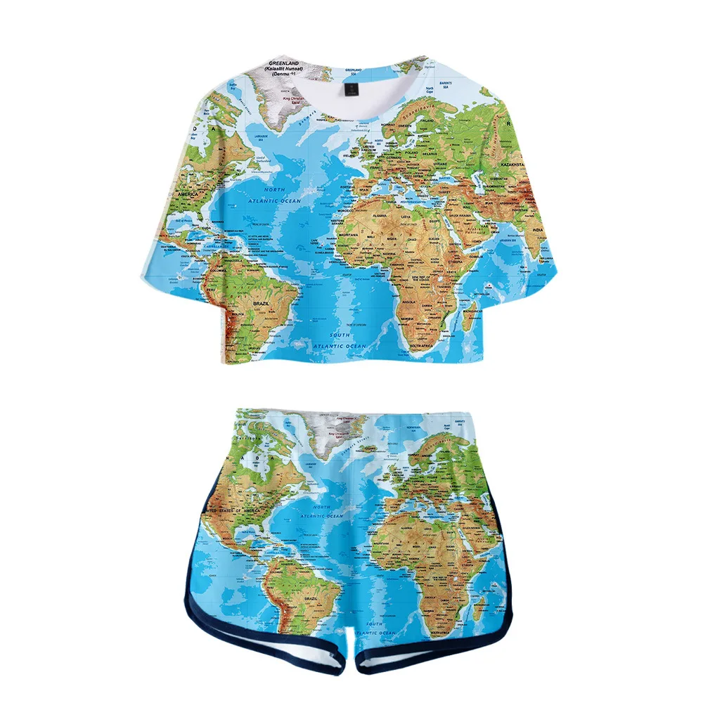 

Женский спортивный костюм с 3D-принтом карты мира, комплект из 2 предметов: укороченный топ и шорты, уличная одежда