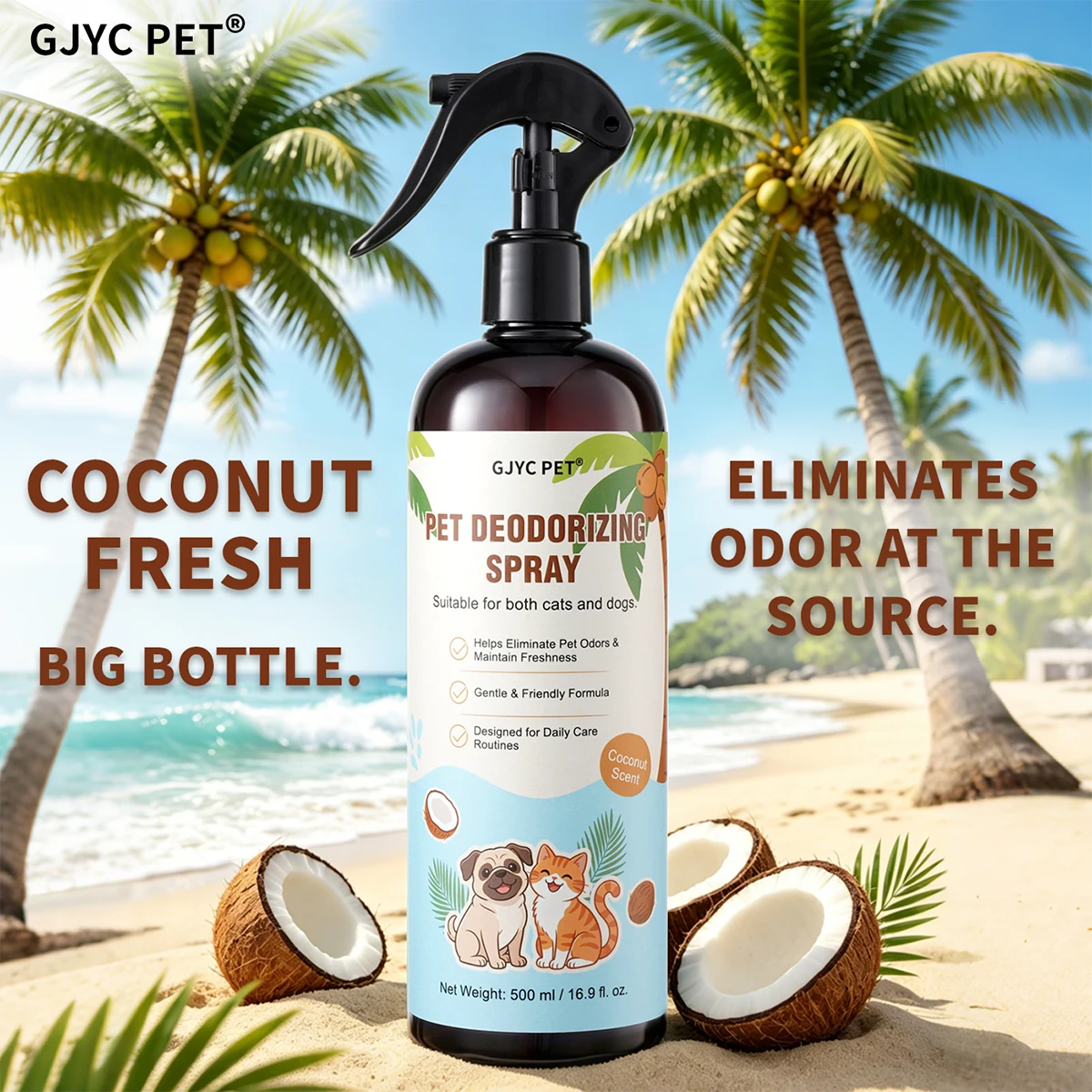Spray désodorisant naturel pour animaux de compagnie 500 ml, parfum noix de coco, longue durée, sûr pour les animaux, éliminateur d'odeurs, rafraîchissant pour chiens et chats, toilettage quotidien