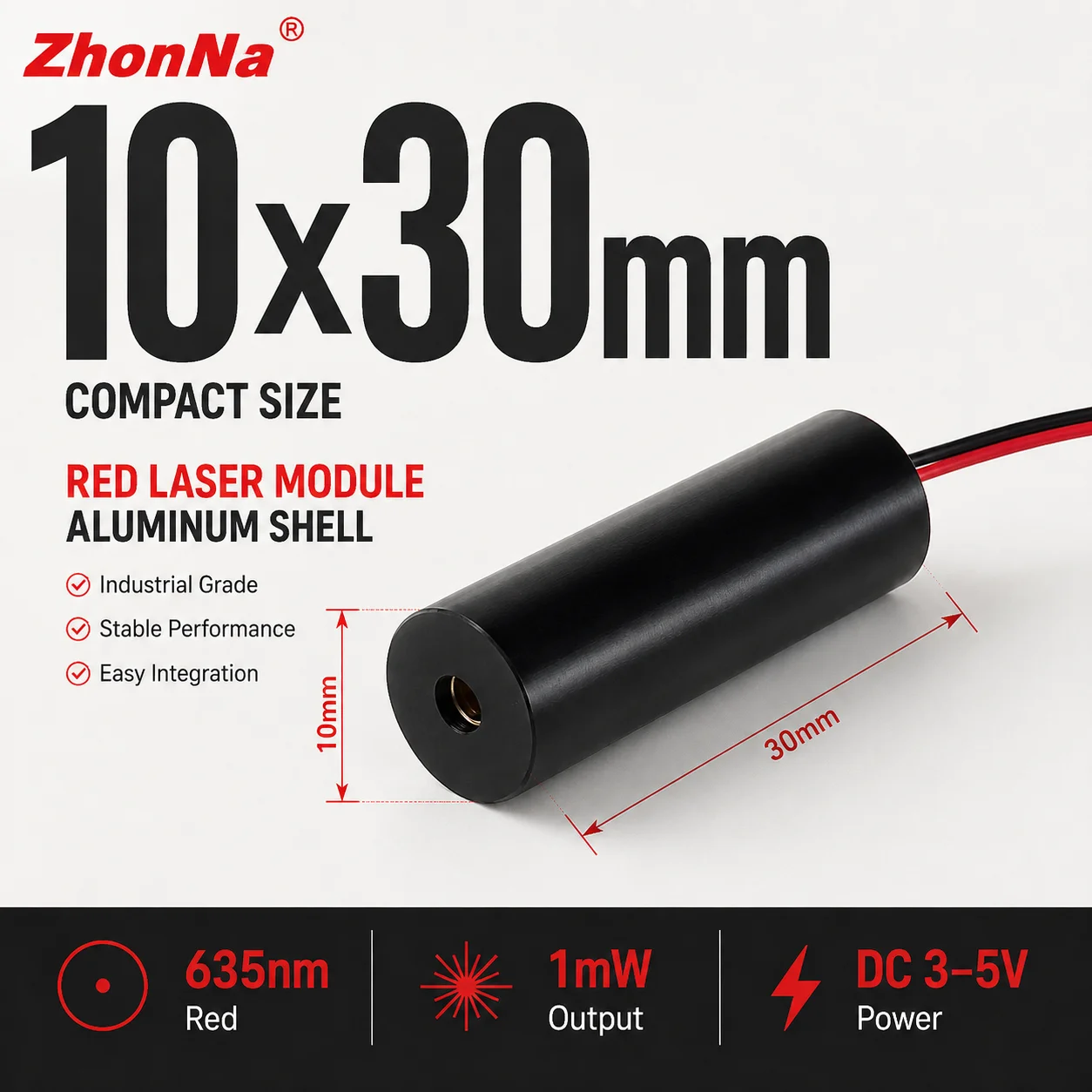 ZhonNa 635nm 1mW Red Laser Module Dot 10x30mm Aluminum Shell DC3-5V Industrial CNC Positioning Indicator Light Professional Lamp