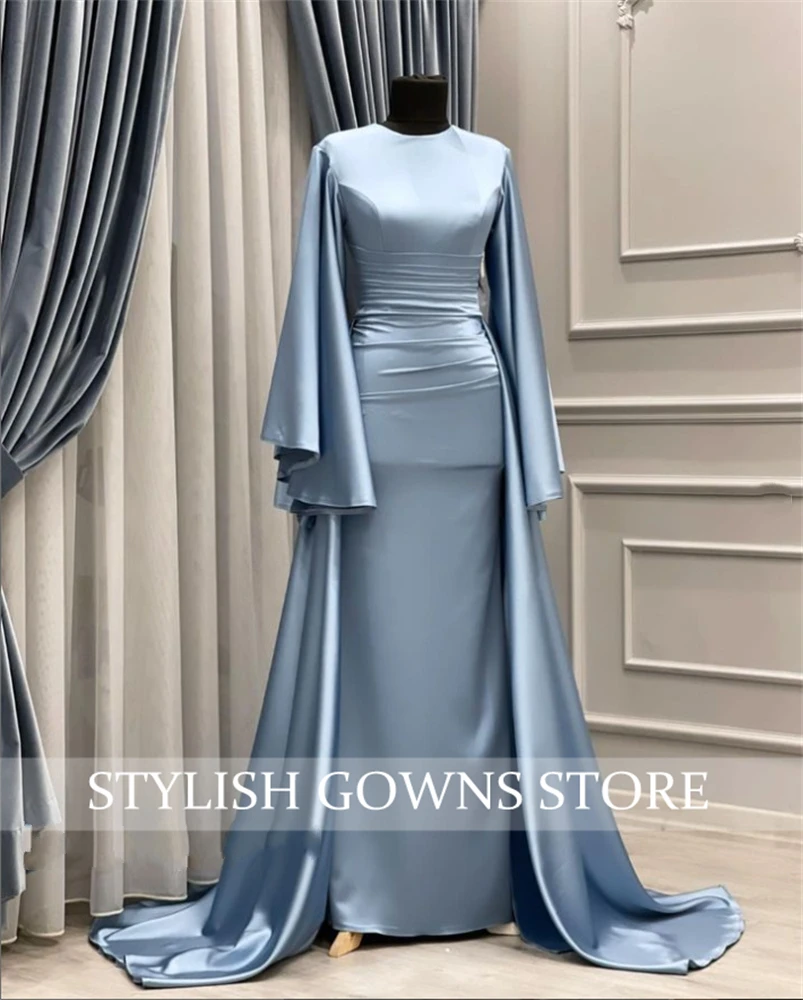 Muslim Blue High N Evening Dress Long Sleeve Pleat 2023 Wedding Occasion Gown Birthday Party Gown vestidos de ocasión Customized