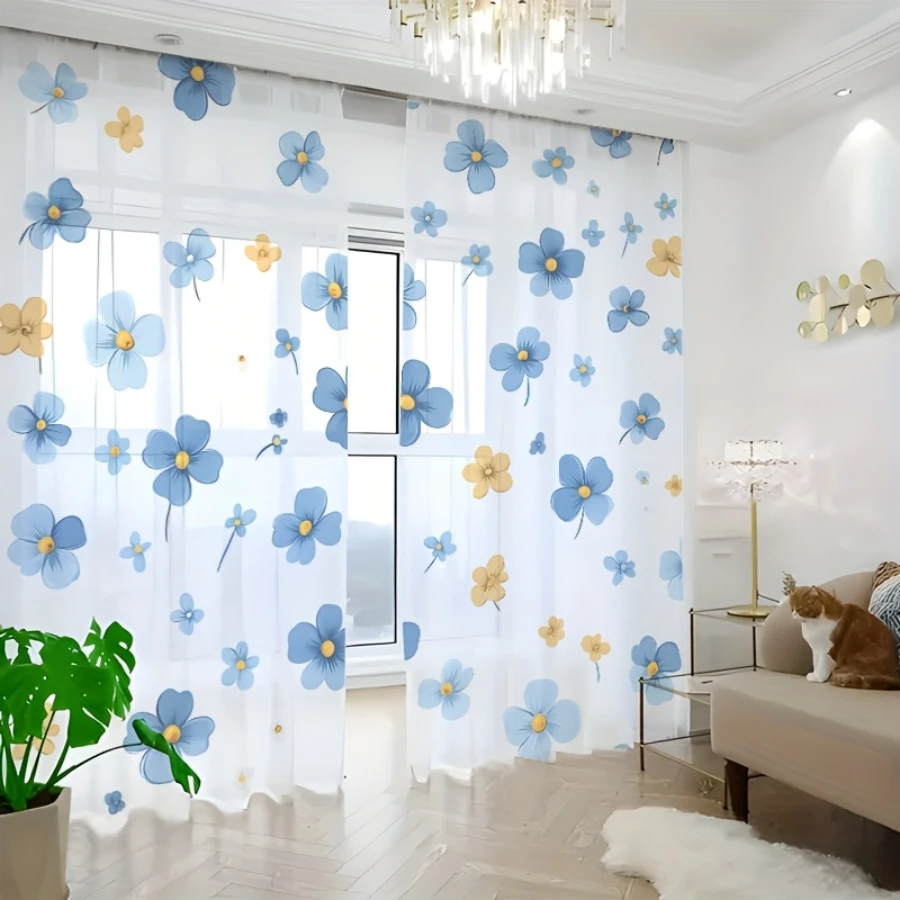 2PCS Digital Printed Sheer Curtain, Sunny Day Little Blue Flowers, Bright Meadow Floral for Living Room Bedroom Home Decor