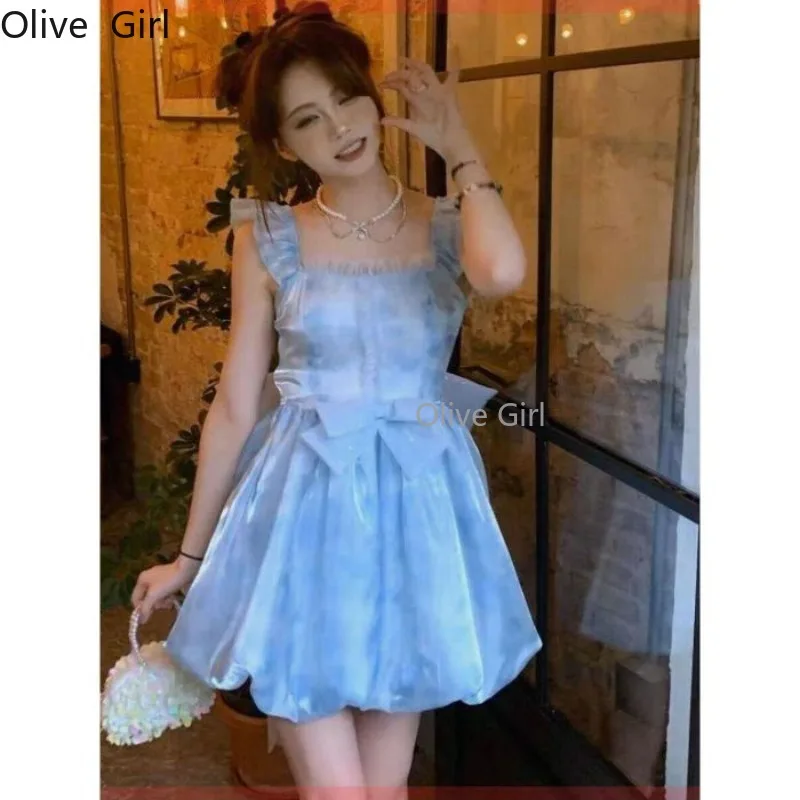 ภาษาฝรั่งเศสคําสีฟ้า Camisole Fairy เซ็กซี่น่ารัก Backless Bow วันเกิดเจ้าหญิง PUFFY Y2k ชุดผู้หญิงงานแต่งงานวินเทจ