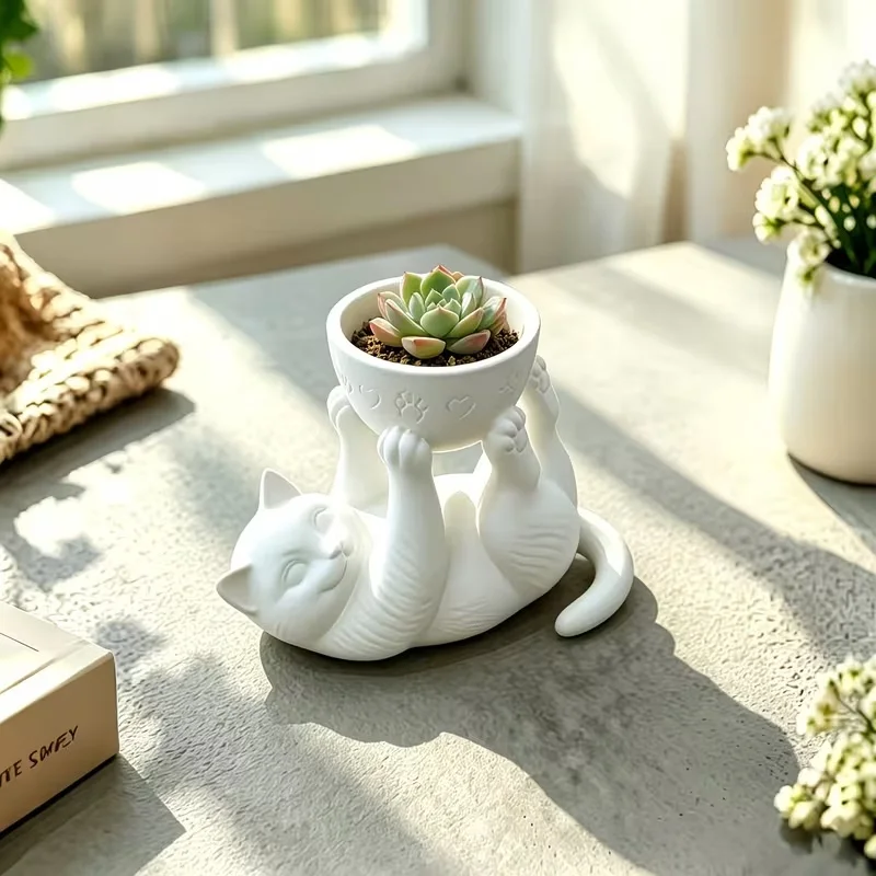 3D Printed White Lying Cat Shaped Planter Bowl Cute Kitten Holding Succulent Pot Snack Trinket Bowl Desktop Home Decor